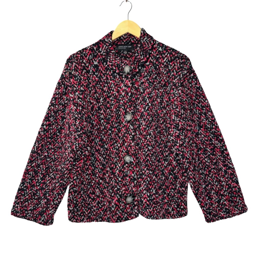 Jones New York button down sweater cardigan pink black nubby size large